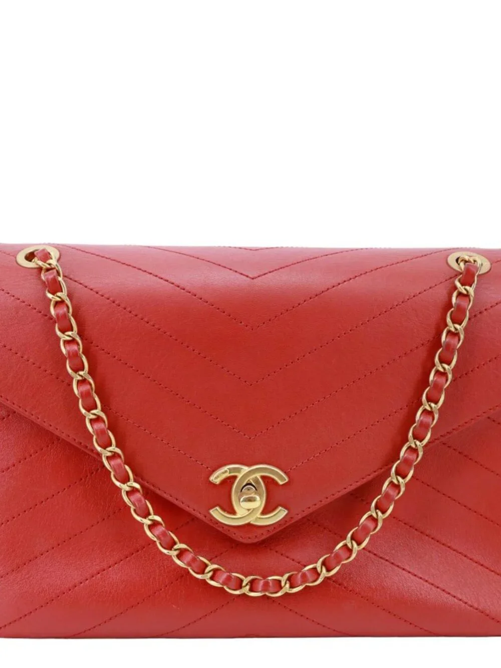 Chanel Envelope Flap Lambskin Chevron Stitched Leather Crossbody Bag Red